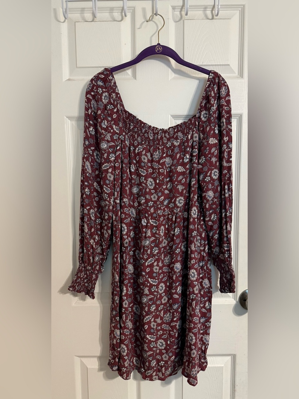 sahalie Burgundy Floral Off-Shoulder Long Sleeve Dress BOHO,